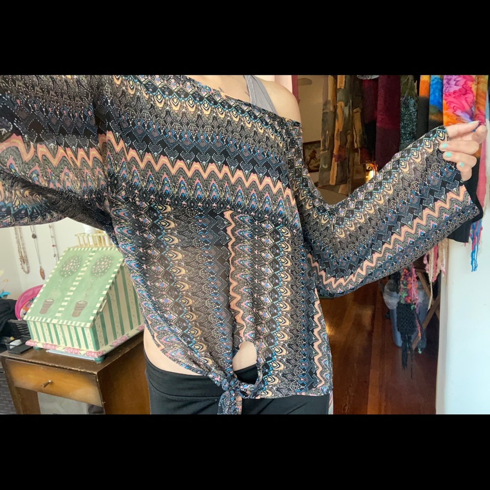 M-L Neon Aztec Pattern Top Tribal Rave Polyester - Picture 3 of 5